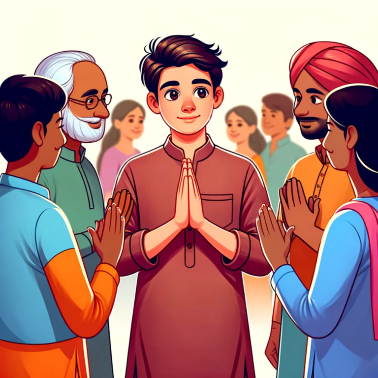 DALL E 2024 01 02 20 55 23 Colorful Illustration Of A 20 Year Old   DALL·E 2024 01 02 20.55.23 Colorful Illustration Of A 20 Year Old Indian Boy Doing Namaste To People. The Scene Shows Him Greeting Others With A Traditional Namaste Gesture H 768x768 